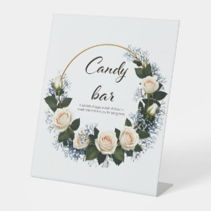 White Roses & Blue Baby’s Breath Candy Bar Pedestal Sign