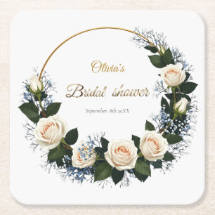 White Roses & Blue Baby’s Breath Square Paper Coaster