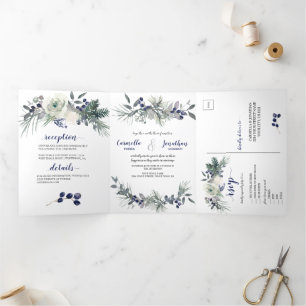 White Roses, Blue Berries, Pine Needles Wedding Tri-Fold Invitation