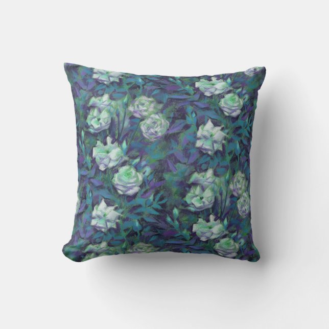 "White roses, blue leaves", nostalgic floral print Cushion (Front)
