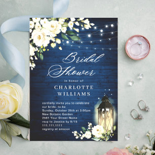 White Roses Blue Wood Lantern Bridal Shower Invitation