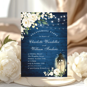 White Roses Blue Wood Lantern ENGAGEMENT PARTY Invitation