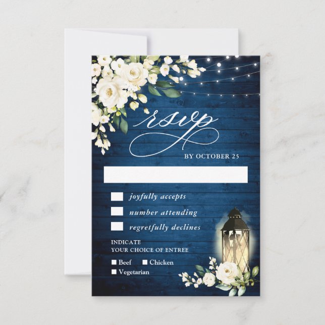 White Roses Blue Wood Lantern Meal Choice RSVP Card (Front)