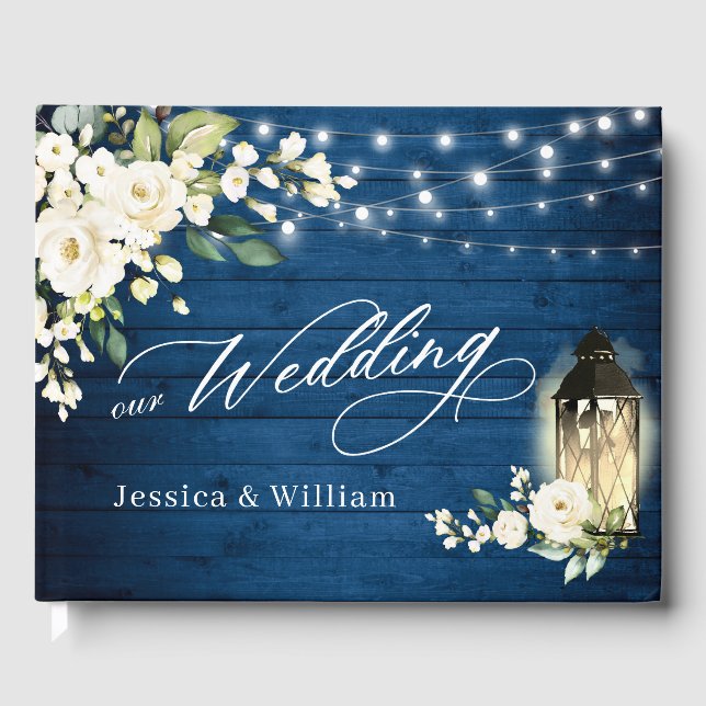 White Roses Blue Wood Lantern PHOTO Wedding Guest Book (Front)