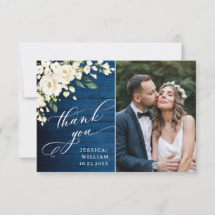 White Roses Blue Wood Lantern Photo Wedding Thank You Card