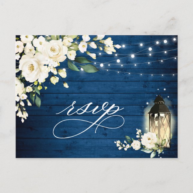 White Roses Blue Wood Lantern RSVP Meal Choice Postcard (Front)