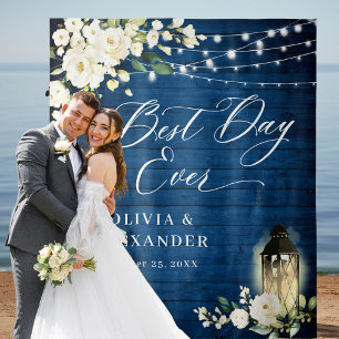 White Roses Blue Wood Lantern Wedding Backdrop Tapestry