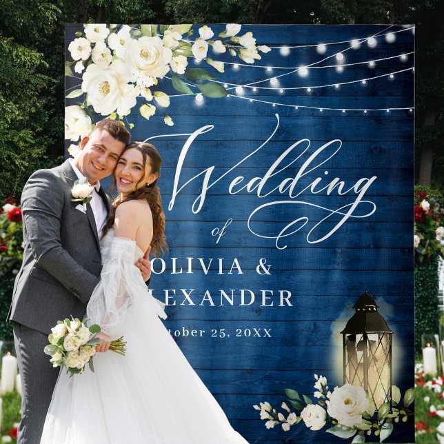 White Roses Blue Wood Lantern Wedding Backdrop Tapestry (Creator Uploaded)