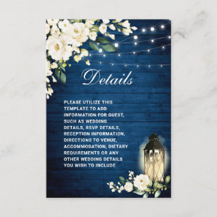 White Roses Blue Wood Lantern Wedding Details Enclosure Card