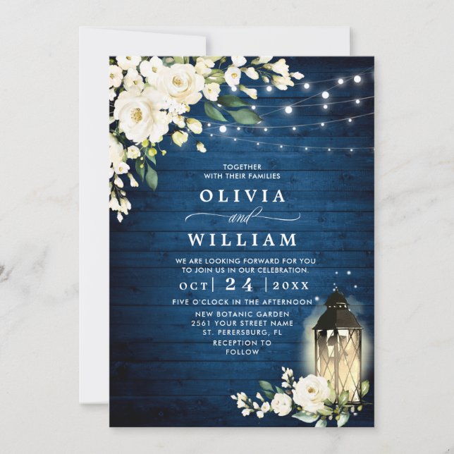 White Roses Blue Wood Lantern Wedding QR code Invitation (Front)