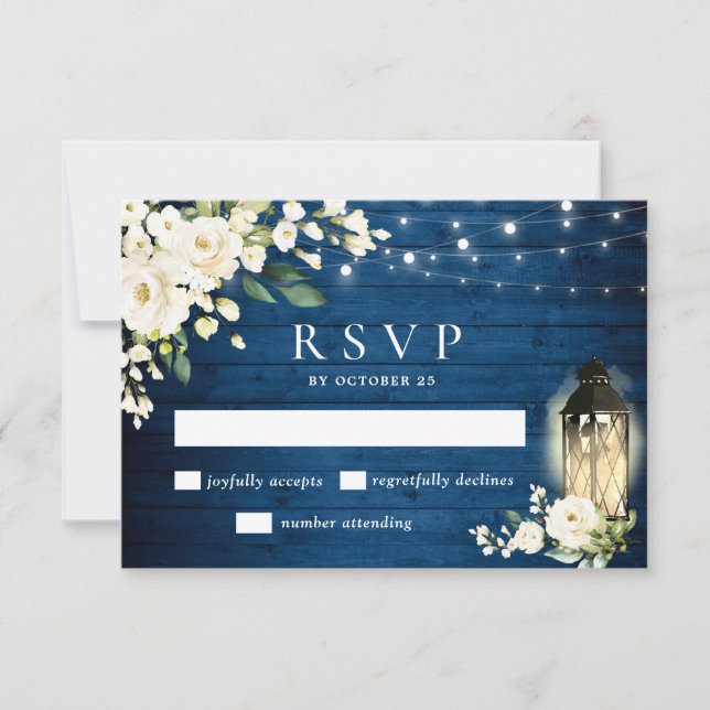 White Roses Blue Wood Lantern Wedding RSVP Card (Front)