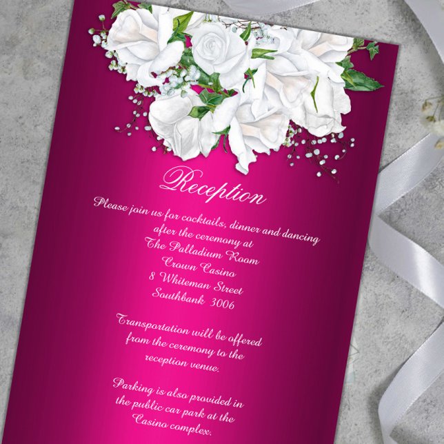 White Roses Boho Fuchsia Pink Wedding Reception Enclosure Card (Creator Uploaded)