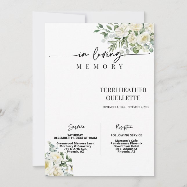 White Roses Boho Funeral Memorial Service Photo Invitation (Front)