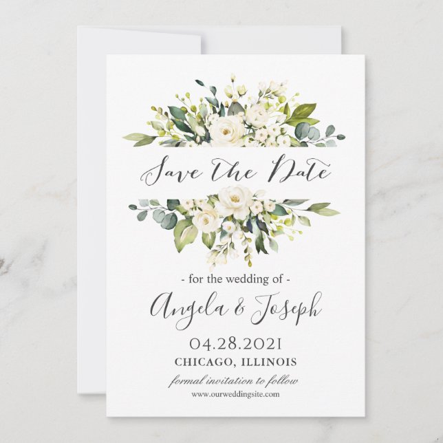 White Roses Bouquet Greenery Floral Wedding Save The Date (Front)