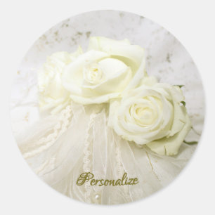 White Roses Bouquet Vintage Lace Veil Personalize Classic Round Sticker