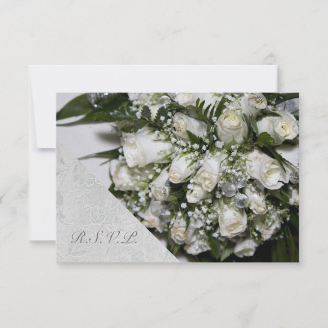 White Roses Bouquet Wedding RSVP Card (Front)