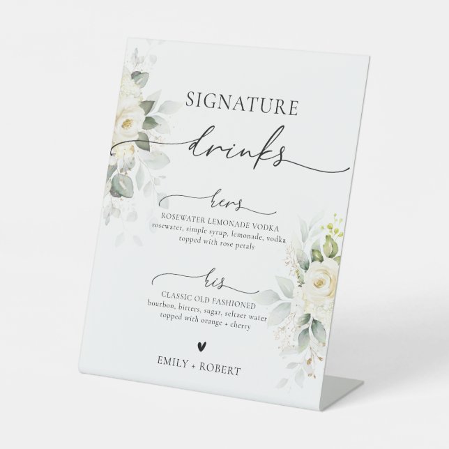 White Roses Bridal Shower Signature Drinks Sign (Front)