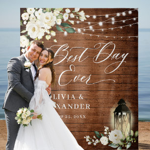 White Roses Brown Wood Wedding Backdrop Tapestry