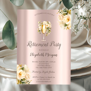 White Roses,Champagne Glass,Rose Gold Retirement Invitation