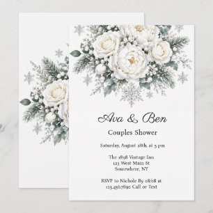 White Roses Christmas Winter Wedding Couple Shower Invitation