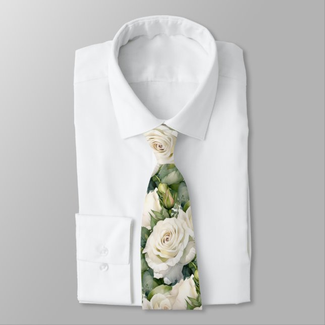 White Roses Classic Formal Floral Neck Tie (Tied)