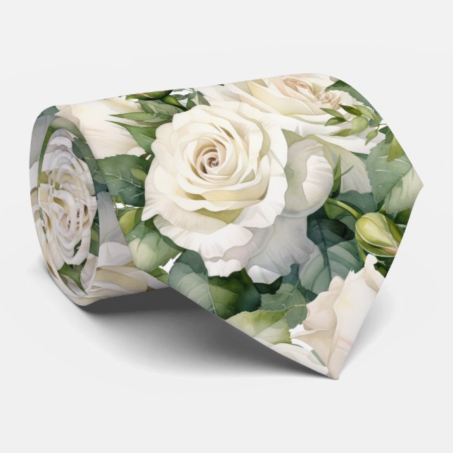 White Roses Classic Formal Floral Neck Tie (Rolled)