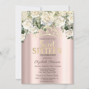 White Roses,Confetti,Crown Rose Gold  Sweet 16 Invitation
