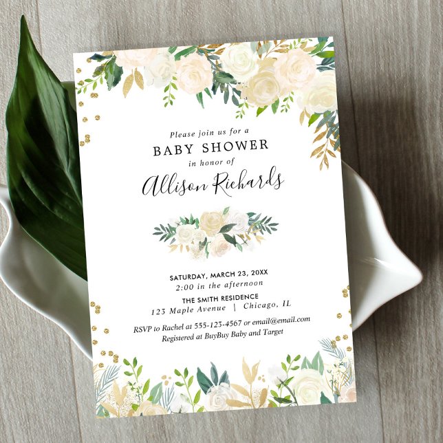 White roses cream gold elegant floral baby shower invitation (Creator Uploaded)