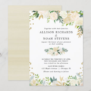 White roses cream gold elegant floral wedding invitation