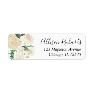 White roses cream gold elegant return address label