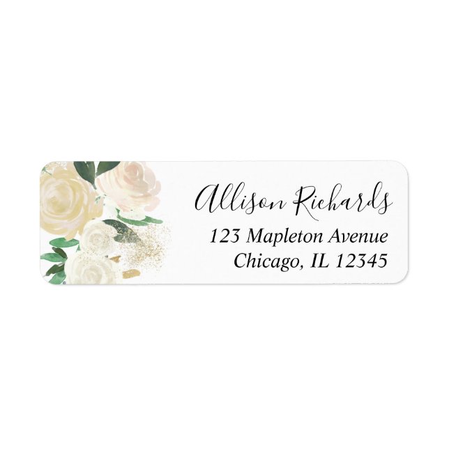 White roses cream gold elegant return address label (Front)