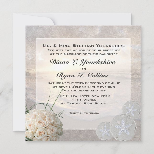 White Roses & Diamond Sand Dollar Wedding Invitation (Front)