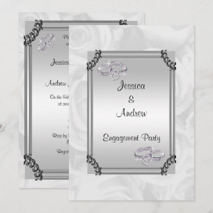 White Roses & Diamond Wedding Rings Engagement Invitation