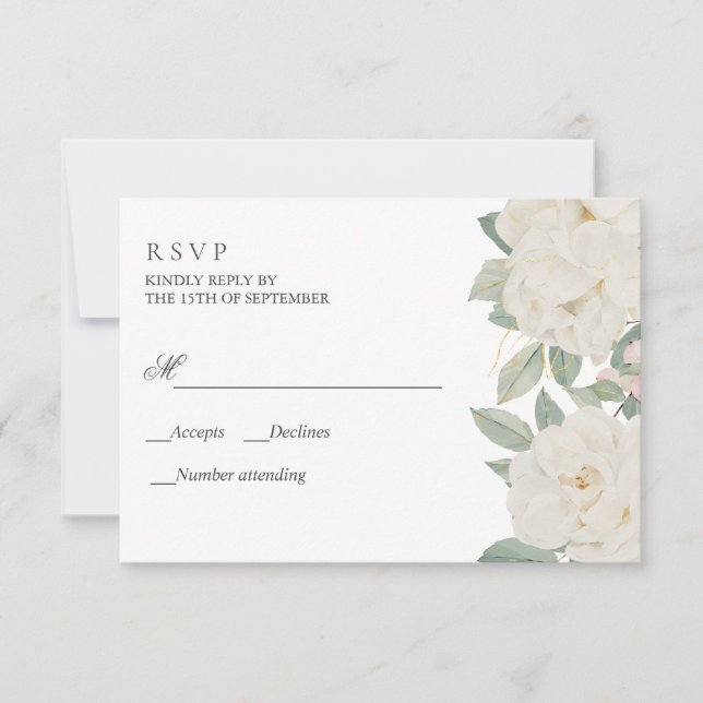 WHITE ROSES ELEGANT Botanical WEDDING RSVP  Card (Front)