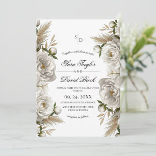 White Roses Elegant Floral Boho Wedding Invitation