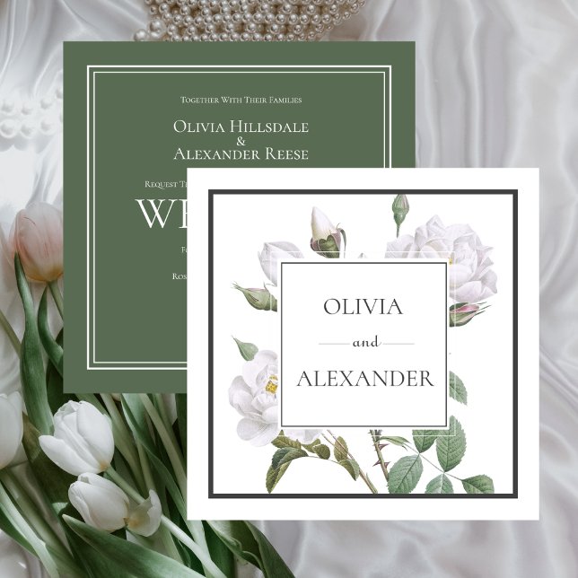 White Roses Elegant Floral Green Wedding Invitation (White Roses Elegant Floral Green Wedding Invitation)