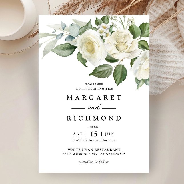 White Roses Elegant Watercolor Floral Wedding Invitation (Creator Uploaded)