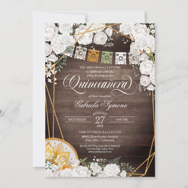 White Roses Elegant Western Charro Quinceanera Inv Invitation (Front)