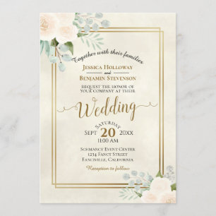 White Roses & Eucalyptus Boho Watercolor Wedding Invitation