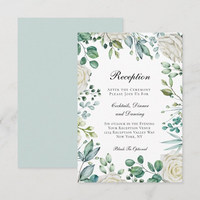 White Roses Eucalyptus Botanical Wedding Reception Enclosure Card (Front/Back)