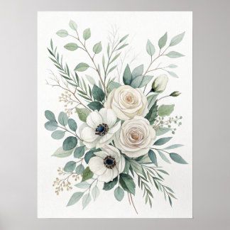 White Roses Eucalyptus Bouquet Print. Poster