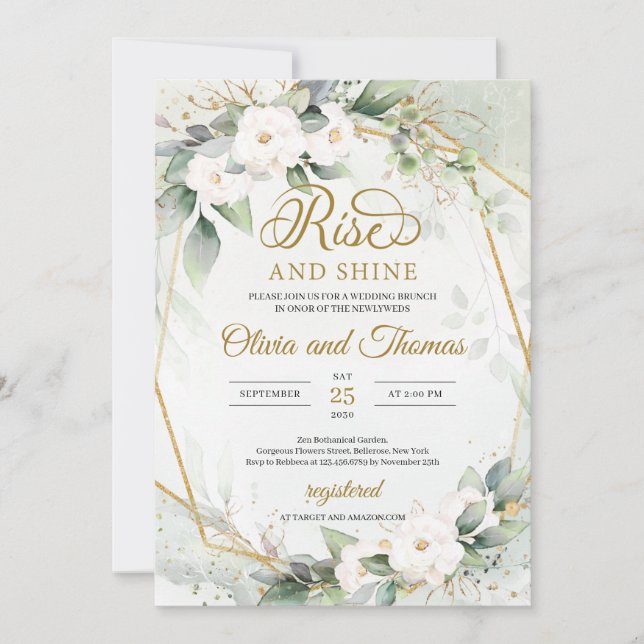 White roses eucalyptus gold frame rise and shine i invitation (Front)