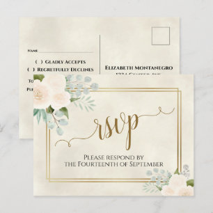 White Roses & Eucalyptus Gold Wedding RSVP Postcard