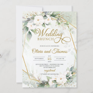 White roses eucalyptus greenery gold frame wedding invitation