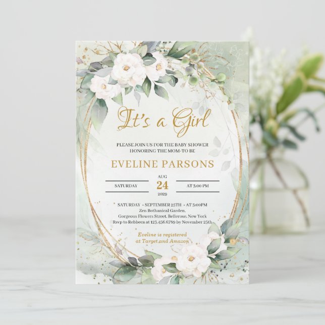 White roses eucalyptus greenery gold It's a Girl Invitation (Standing Front)
