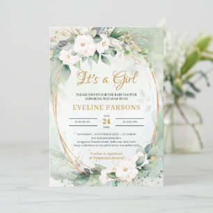 White roses eucalyptus greenery gold It's a Girl Invitation