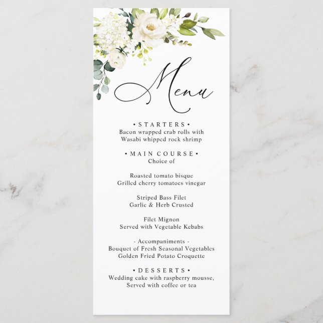 White Roses Eucalyptus Greenery Wedding Dinner Menu (Front)