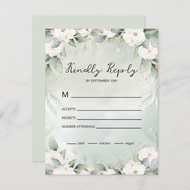 White Roses Eucalyptus Leaves RSVP Card (Front/Back)