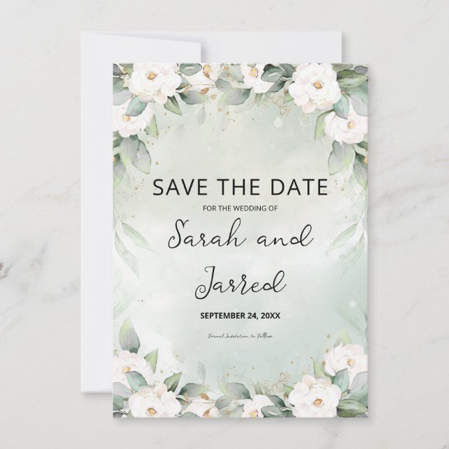 White Roses Eucalyptus Leaves Save The Date (Front)