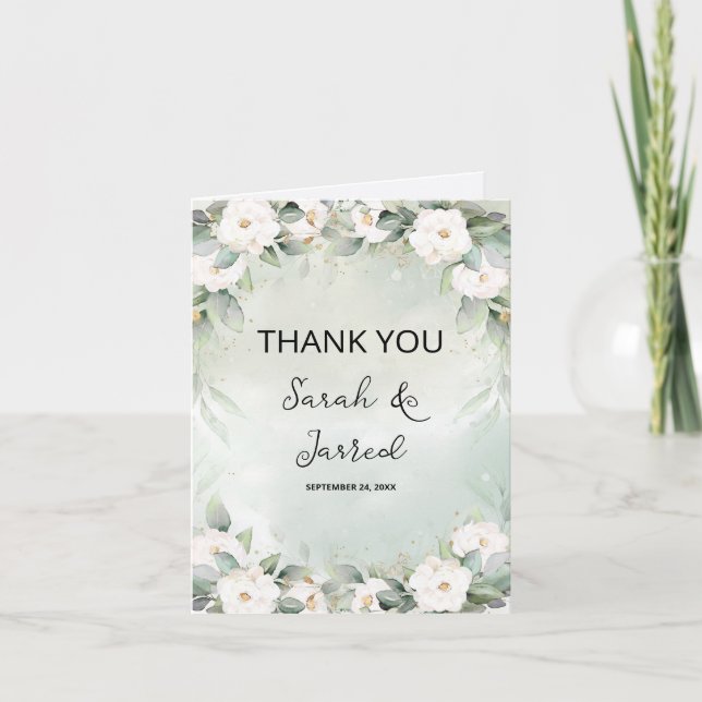 White Roses Eucalyptus Leaves Thank You Card (Front)